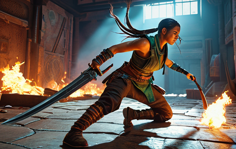 **
Prompt: "Dynamic action scene featuring an Eternal Return character in a stylized combat pose. Emphasize strong lighting, detailed textures on clothing and weapons. Vibrant color palette, hints of the game's environment in the background."
**