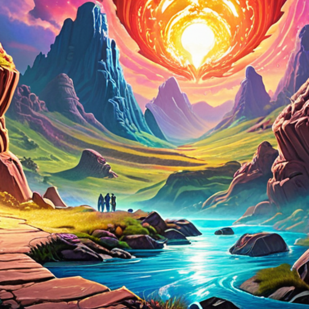 A vibrant, dynamic fan art piece featuring multiple "Eternal Return" characters (e.g., Imogen, Vitani, Aiden, Hyejin) interacting within a fantastical Lumian landscape. The art style should feel alive, with glowing energy and brushstrokes emanating from the characters, symbolizing the community's passion bringing the universe to life. Show subtle elements of players admiring the art, fostering a sense of emotional connection and shared identity within the "Eternal Return" community. High detail, digital painting.
