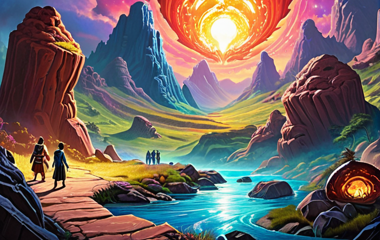 A vibrant, dynamic fan art piece featuring multiple "Eternal Return" characters (e.g., Imogen, Vitani, Aiden, Hyejin) interacting within a fantastical Lumian landscape. The art style should feel alive, with glowing energy and brushstrokes emanating from the characters, symbolizing the community's passion bringing the universe to life. Show subtle elements of players admiring the art, fostering a sense of emotional connection and shared identity within the "Eternal Return" community. High detail, digital painting.