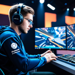 A focused professional esports athlete, wearing a modest, branded team jersey, seated at a high-tech ergonomic gaming station. Their hands are poised on a keyboard and mouse, demonstrating intense concentration and strategic planning. The background features a blurred, futuristic esports arena with abstract, non-specific holographic game data displays and cool-toned lighting, emphasizing a clean and professional competitive environment.
    *   **Safety & Quality:** safe for work, appropriate content, fully clothed, professional dress, perfect anatomy, correct proportions, natural pose, well-formed hands, proper finger count, natural body proportions, high quality, professional photography.