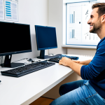 **

A professional programmer in a brightly lit office, wearing a comfortable, fully clothed outfit (jeans and a t-shirt with a sweater). He is sitting at a clean, modern desk with multiple monitors, fingers flying across the keyboard. The background includes blurred coworkers and motivational posters on the walls. Perfect anatomy, correct proportions, natural pose, well-formed hands, proper finger count, appropriate content, safe for work, professional, family-friendly, high quality.

**