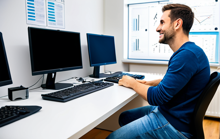 **

A professional programmer in a brightly lit office, wearing a comfortable, fully clothed outfit (jeans and a t-shirt with a sweater). He is sitting at a clean, modern desk with multiple monitors, fingers flying across the keyboard. The background includes blurred coworkers and motivational posters on the walls. Perfect anatomy, correct proportions, natural pose, well-formed hands, proper finger count, appropriate content, safe for work, professional, family-friendly, high quality.

**