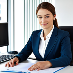**

"A professional businesswoman in a modest, tailored business suit, working at a modern desk in a bright office space. Fully clothed, appropriate attire, safe for work. Perfect anatomy, natural proportions, professional photography, high quality, family-friendly."

**