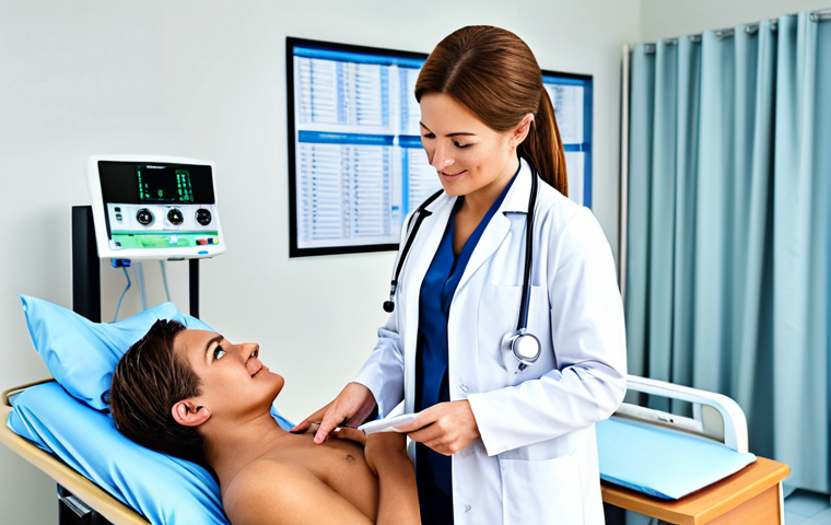 ** A professional female doctor in a clean, modern hospital examining a patient (fully clothed) with a friendly expression, appropriate attire, safe for work, perfect anatomy, natural proportions, professional medical photography, high quality, realistic.

**