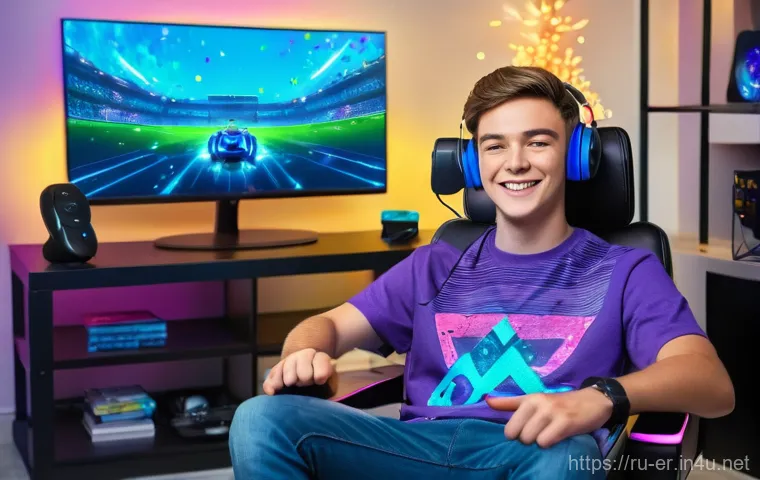 이터널리턴 커뮤니티 이벤트 활용법 - **Gamer's Triumph Moment**: A young male gamer, mid-20s, with short, styled hair, wearing a vibrant ...