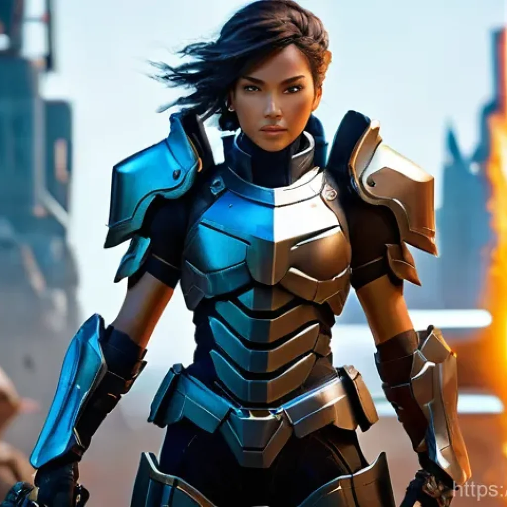 이터널리턴 PvP 공략법 - A determined female character, fully equipped in stylized futuristic combat armor, stands ready on L...