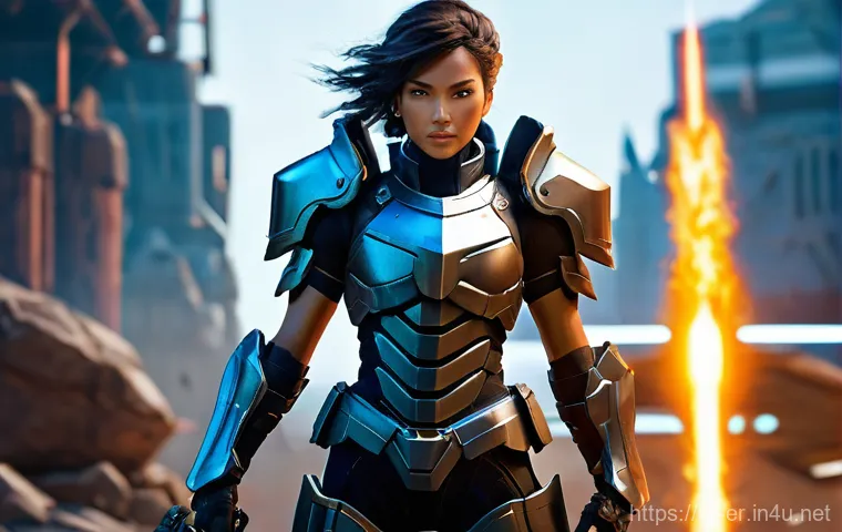 이터널리턴 PvP 공략법 - A determined female character, fully equipped in stylized futuristic combat armor, stands ready on L...