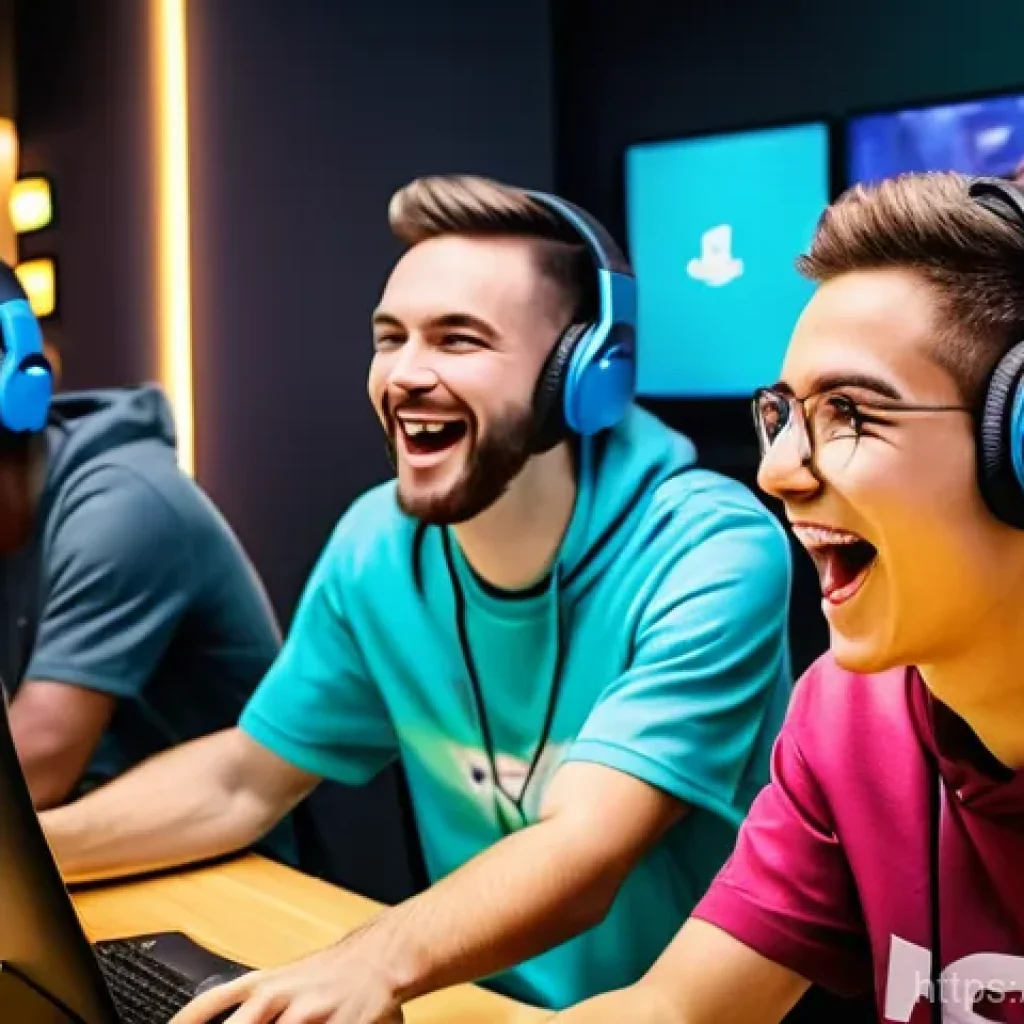 이터널리턴 커뮤니티 활성화 전략 - **Vibrant Gaming Community Celebration:** A diverse group of young adults and teenagers, fully cloth...