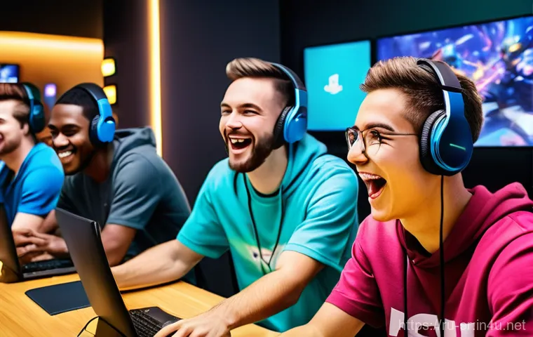 이터널리턴 커뮤니티 활성화 전략 - **Vibrant Gaming Community Celebration:** A diverse group of young adults and teenagers, fully cloth...