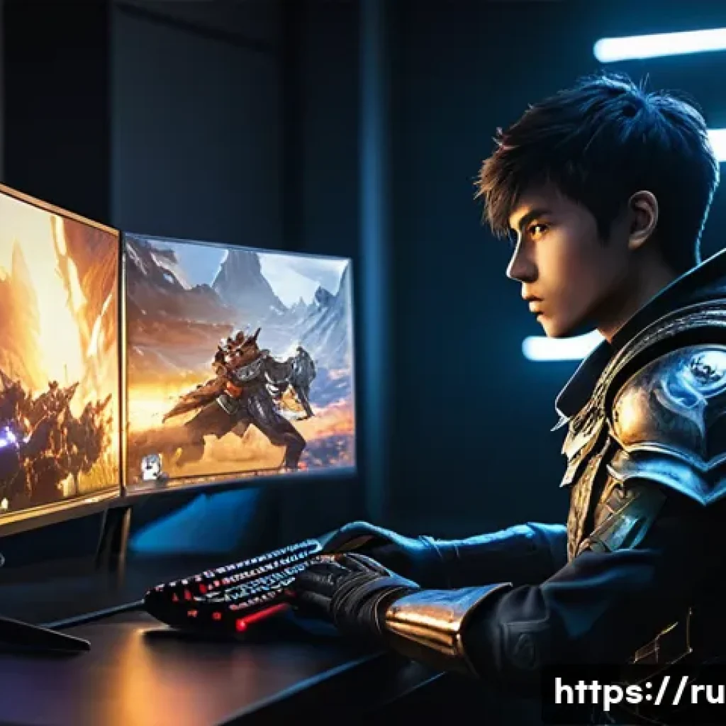 이터널리턴 프레임레이트 개선법 - **A focused young gamer (male, 20s) at his desk, intensely looking at a gaming monitor that displays...