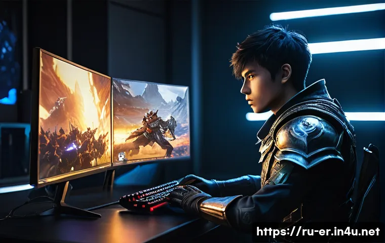 이터널리턴 프레임레이트 개선법 - **A focused young gamer (male, 20s) at his desk, intensely looking at a gaming monitor that displays...