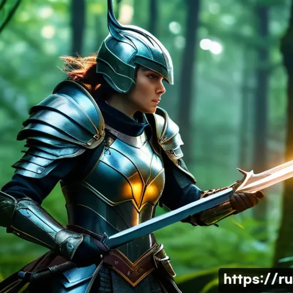 이터널리턴 유저 맞춤 전략 - A dynamic fantasy battle scene featuring a female warrior character named Irene, designed as an aggr...