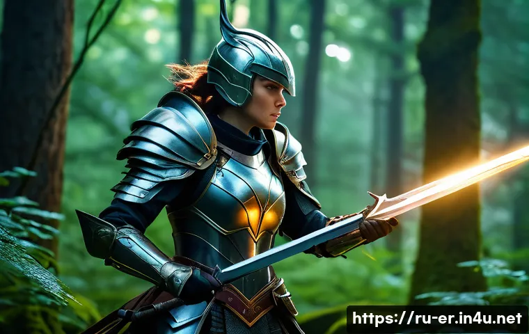 이터널리턴 유저 맞춤 전략 - A dynamic fantasy battle scene featuring a female warrior character named Irene, designed as an aggr...