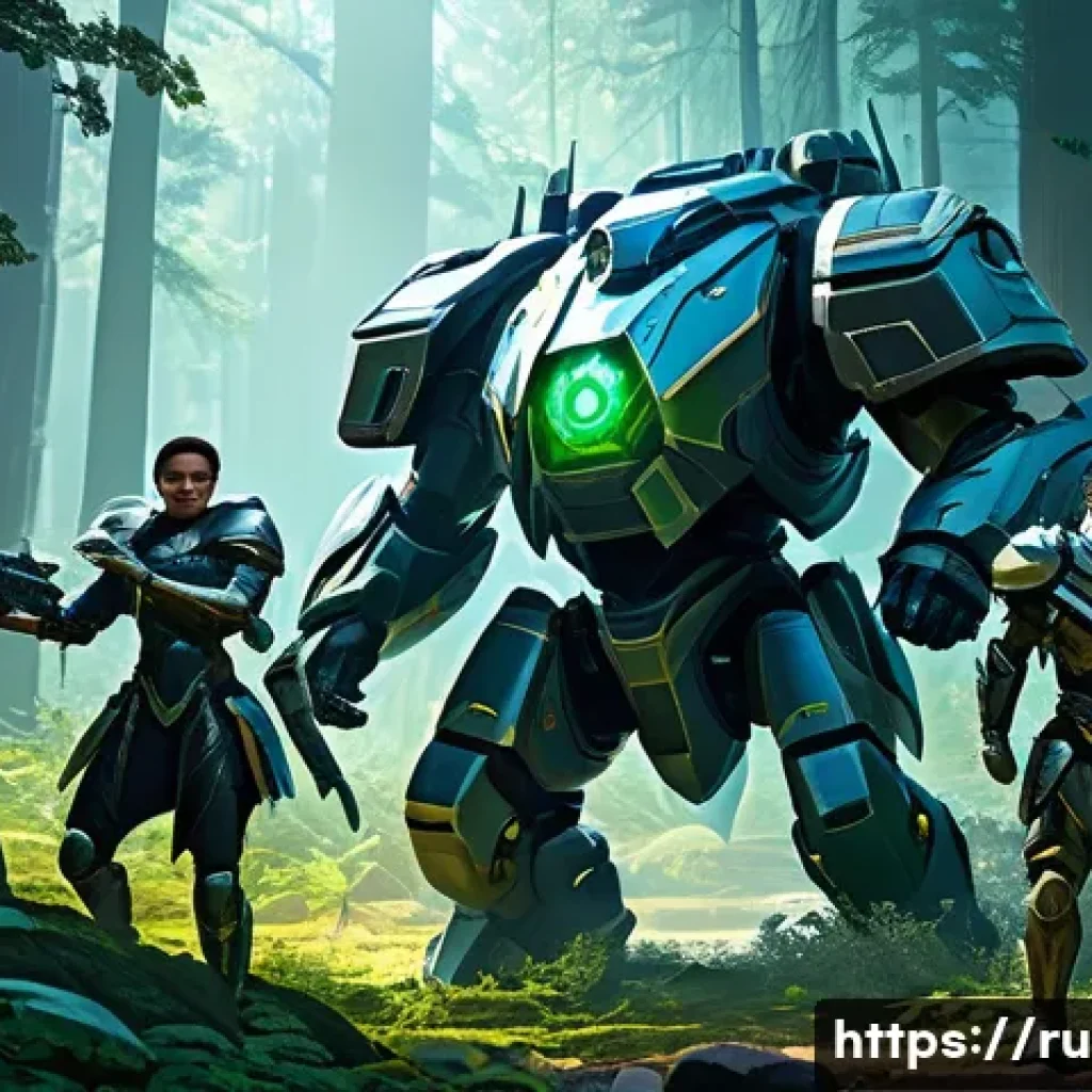 이터널리턴 공략집 다운로드 - A detailed scene of a tactical team battle in a futuristic forest environment, showing diverse chara...