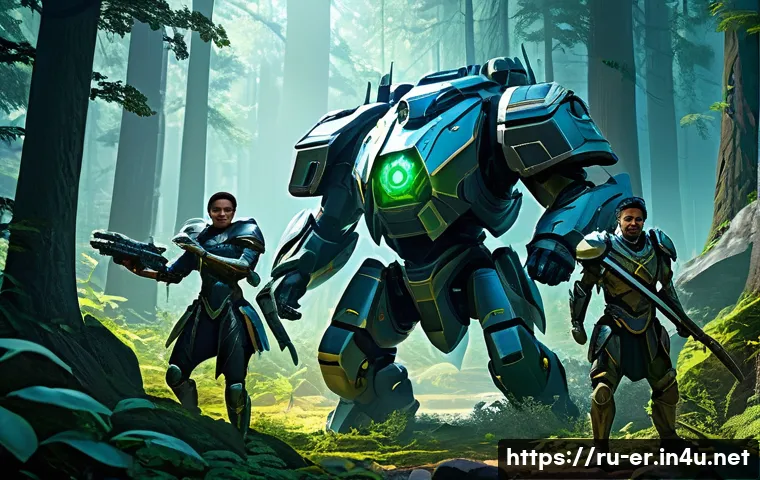 이터널리턴 공략집 다운로드 - A detailed scene of a tactical team battle in a futuristic forest environment, showing diverse chara...