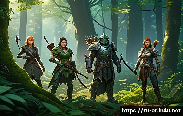 이터널리턴 최단 시간 레벨업 팁 - A strategic team of four diverse characters in a lush forest environment from Eternal Return, each w...