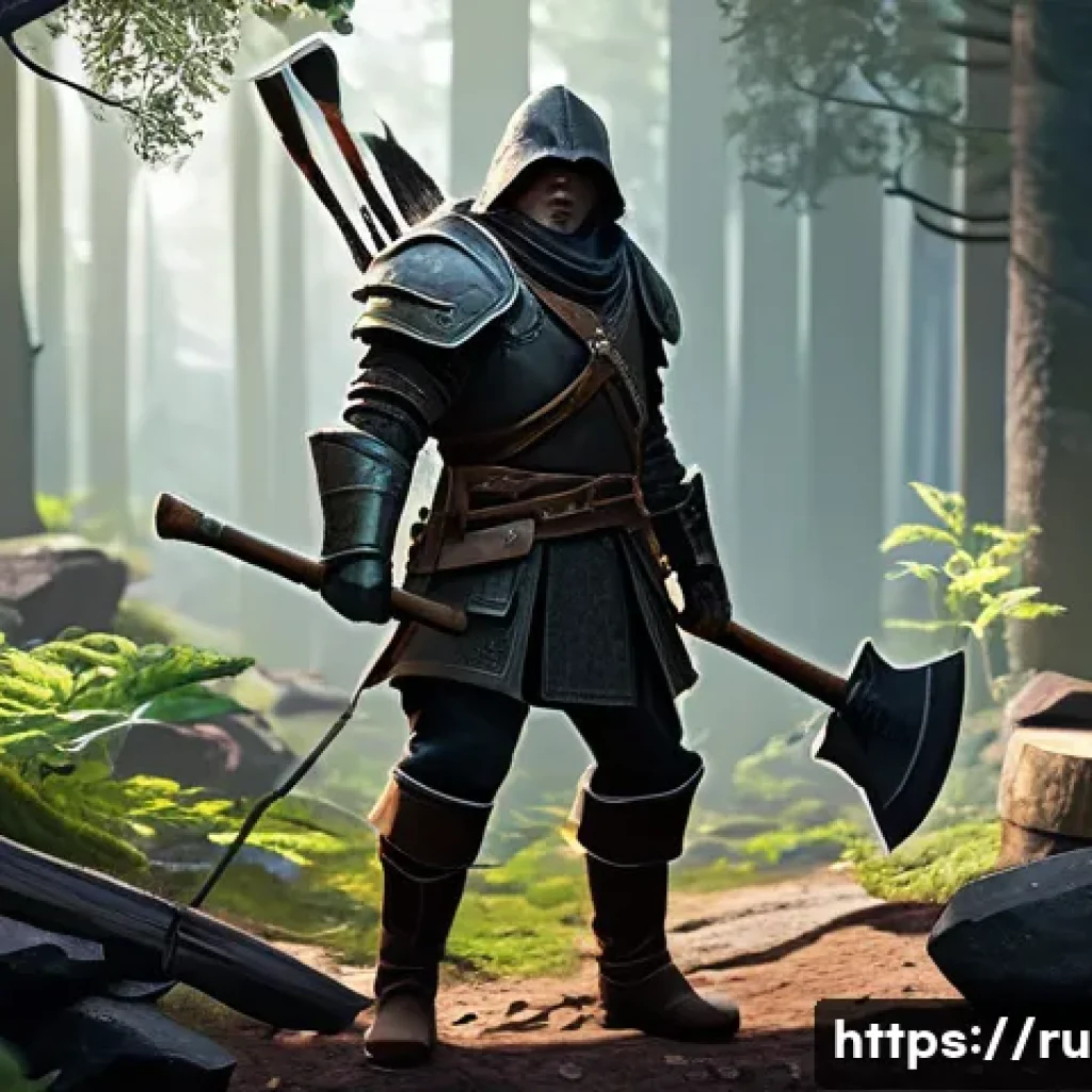 이터널리턴 기본 장비 제작법 - A detailed scene of a fantasy survival game character crafting basic equipment in a dense forest env...