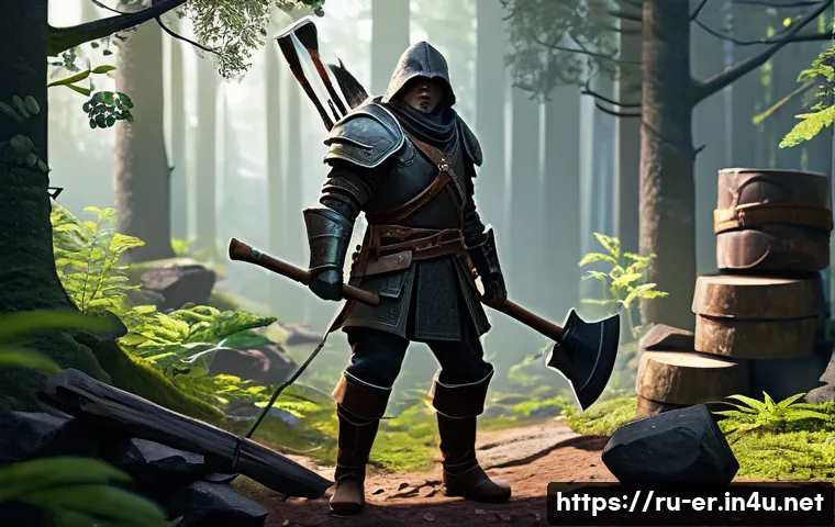 이터널리턴 기본 장비 제작법 - A detailed scene of a fantasy survival game character crafting basic equipment in a dense forest env...