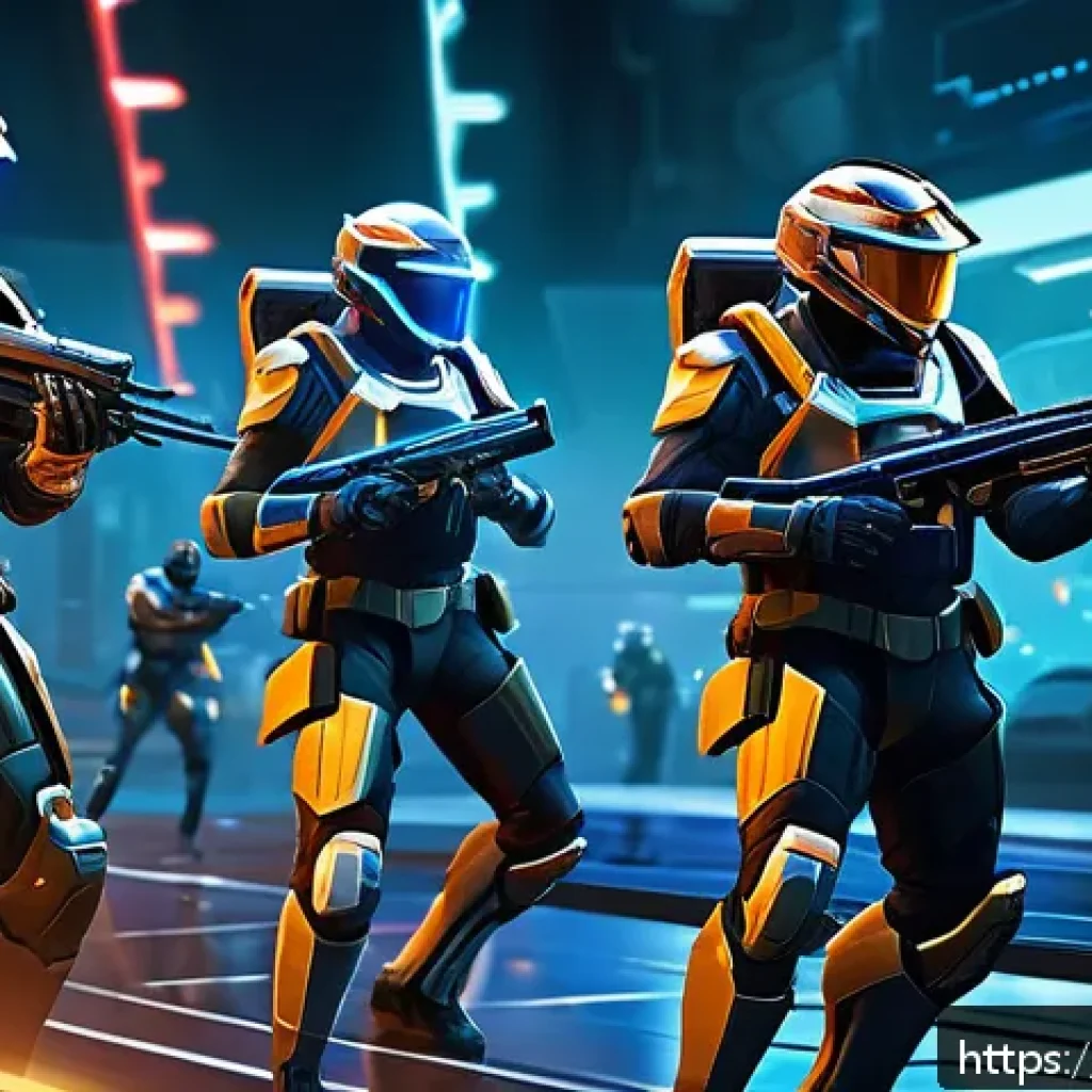 이터널리턴 클랜전 공략 - A dynamic team battle scene in a futuristic cyber arena, showcasing diverse characters from a clan i...