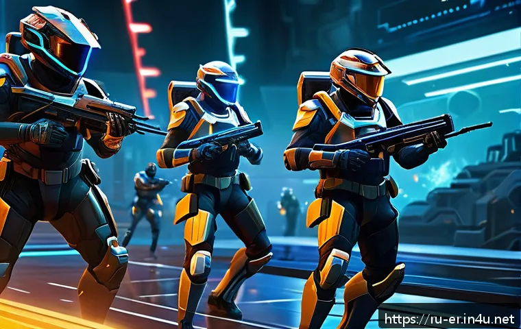 이터널리턴 클랜전 공략 - A dynamic team battle scene in a futuristic cyber arena, showcasing diverse characters from a clan i...