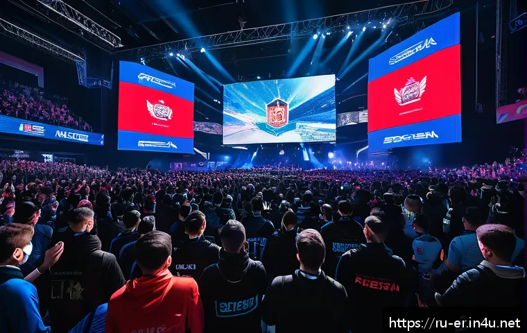 이터널리턴 글로벌 마케팅 전략 - A vibrant esports tournament scene set in Russia, featuring diverse professional players in team jer...