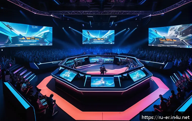 이터널리턴 업데이트 주기 연구 - A dynamic esports arena scene featuring a tense competitive match of a futuristic battle royale game...