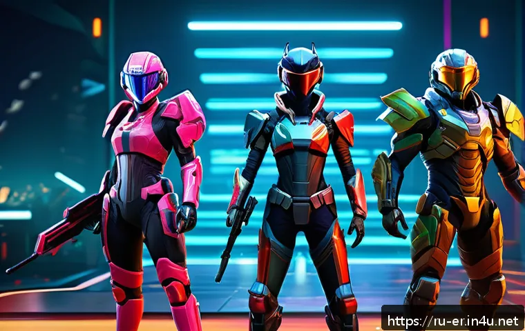 이터널리턴 유료 콘텐츠 평가 - A dynamic scene of a futuristic multiplayer game lobby featuring diverse characters wearing exclusiv...