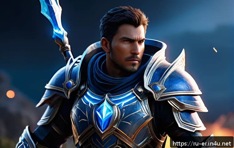 이터널리턴 신규 캐릭터 활용법 - A detailed fantasy hero character standing confidently on a battlefield at dusk, wearing intricate a...