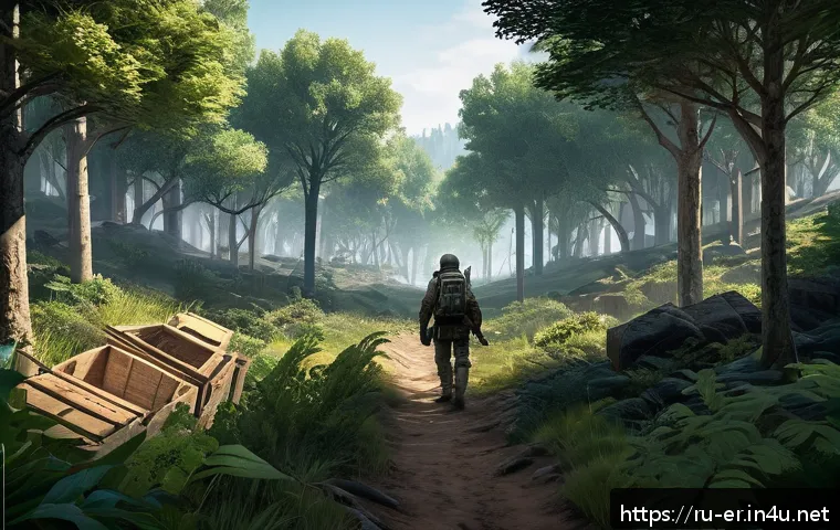 이터널리턴 생존율 높은 루트 - A strategic game scene showing a calm, resource-rich starting zone on the outskirts of a large, deta...