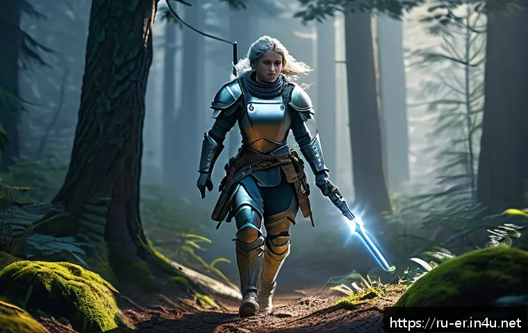 이터널리턴 초보자 추천 아이템 - A dynamic scene of a skilled female character in light armor with speed-boosting attributes, holding...