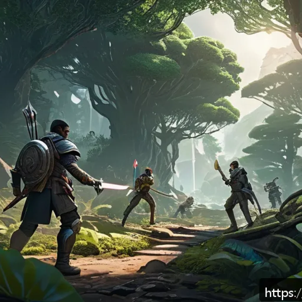 이터널리턴 생존전 초보자 가이드 - A dynamic scene of a diverse group of video game characters preparing for battle in a lush, detailed...