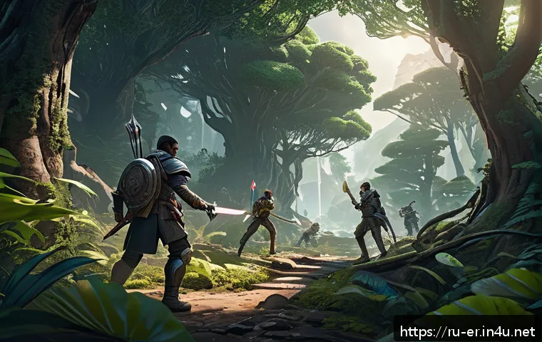 이터널리턴 생존전 초보자 가이드 - A dynamic scene of a diverse group of video game characters preparing for battle in a lush, detailed...