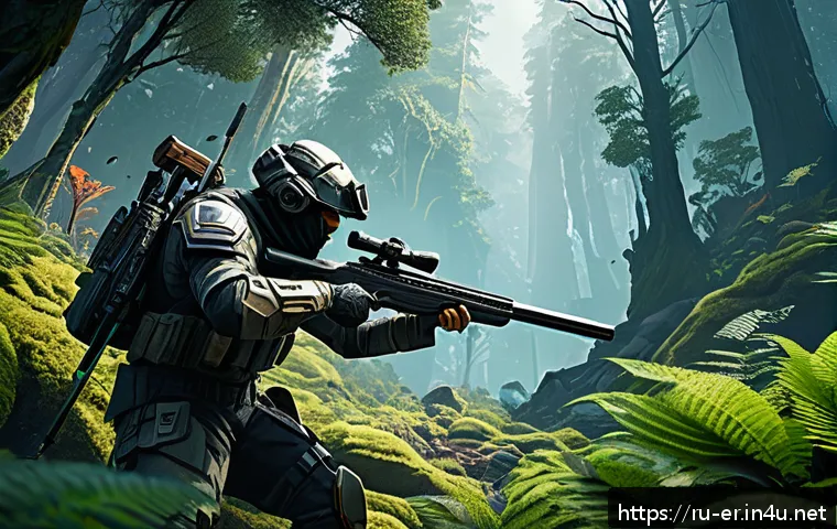 이터널리턴 협동 모드 승리법 - A dynamic team battle scene in a futuristic forest map, featuring four diverse characters with disti...