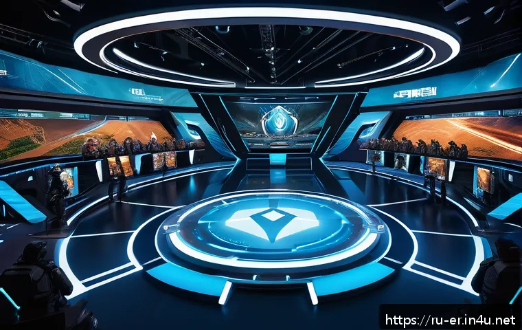 이터널리턴 리그 시스템 이해하기 - A dynamic and intense competitive gaming scene set in a futuristic battle arena inspired by Eternal ...