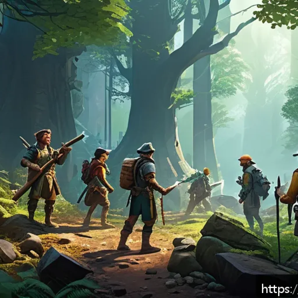 이터널리턴 게임 시간 절약법 - A dynamic fantasy game scene showing a team of diverse characters gathering resources in a dense for...