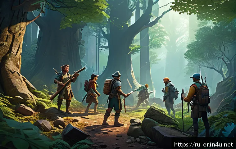 이터널리턴 게임 시간 절약법 - A dynamic fantasy game scene showing a team of diverse characters gathering resources in a dense for...
