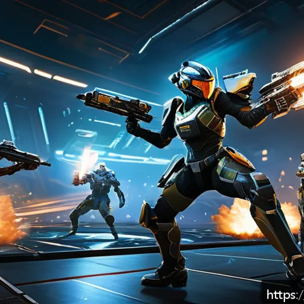 이터널리턴 글로벌 경쟁의 미래 - A dynamic battle scene in a futuristic arena inspired by Eternal Return, featuring diverse character...
