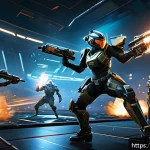 Home 22 이터널리턴 글로벌 경쟁의 미래 - A dynamic battle scene in a futuristic arena inspired by Eternal Return, featuring diverse character...