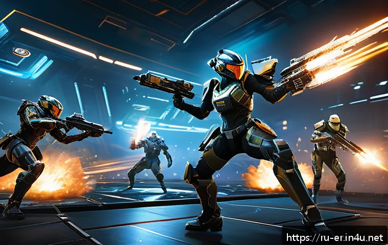 이터널리턴 글로벌 경쟁의 미래 - A dynamic battle scene in a futuristic arena inspired by Eternal Return, featuring diverse character...