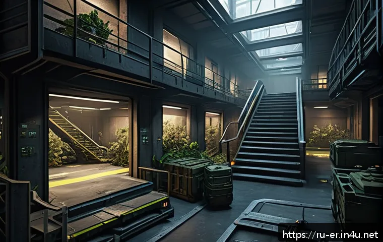 이터널리턴 아카이브 활용법 - A highly detailed tactical battlefield scene inside a multi-level archive building featuring narrow ...
