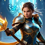 Home 19 이터널리턴 캐릭터 티어 분석 - A dynamic fantasy battle scene featuring a highly mobile female damage hero named Kiara, wearing sty...
