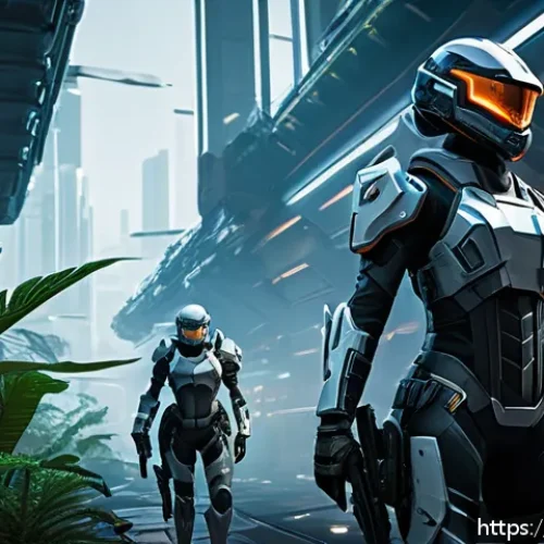Home 17 이터널리턴 커뮤니티 공모전 - A dynamic scene of a team-based battle in a futuristic arena inspired by Eternal Return, featuring d...