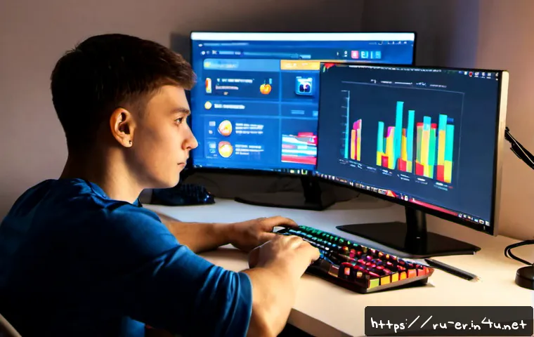 이터널리턴 게임 데이터베이스 활용 - Photorealistic Russian esports enthusiast at a clean home desk in Moscow, studying a game database o...