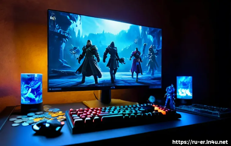 Home 31 이터널리턴 스킨 가치 순위 - Photorealistic Russian gaming desk at night, a high-end desktop monitor showing an unrecognizable co...