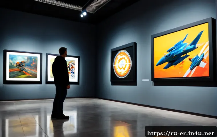 이터널리턴 팬아트 대회 수상작 - Photorealistic modern art gallery in Moscow displaying award-winning video game fan art on large fra...